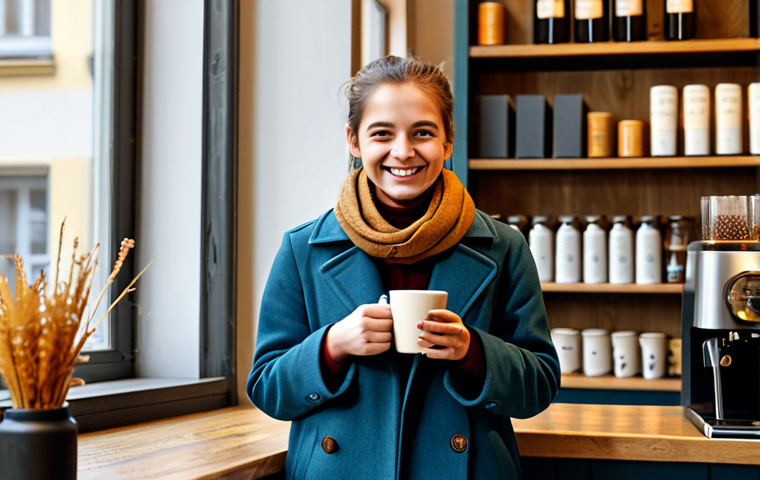 비트겐슈타인의 언어게임 이론 - Café Scene**
"A young woman, fully clothed in a modest autumn outfit (scarf, coat, jeans), ordering...