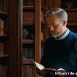 니체의 영원회귀와 초인 사상 - A contemplative middle-aged German man standing in front of an antique ornate mirror in a cozy, diml...