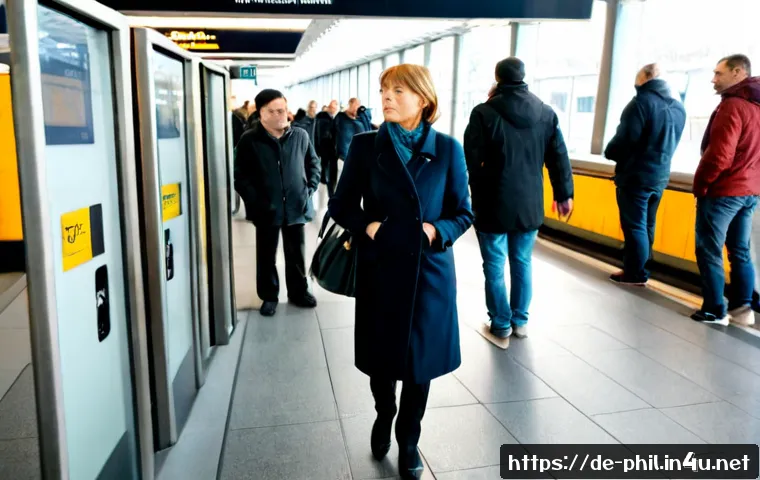 푸코의 권력 이론과 현대 사회 - Photorealistic contemporary German public transit station in Berlin, a diverse group of commuters mo...