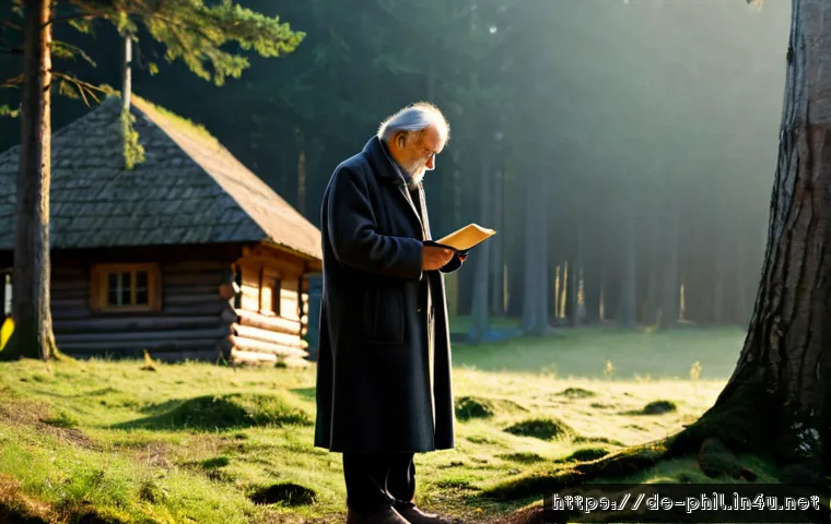 하이데거의 존재론과 현상학 - Photorealistic contemplative scene in a quiet Black Forest clearing at early dawn, an older German p...